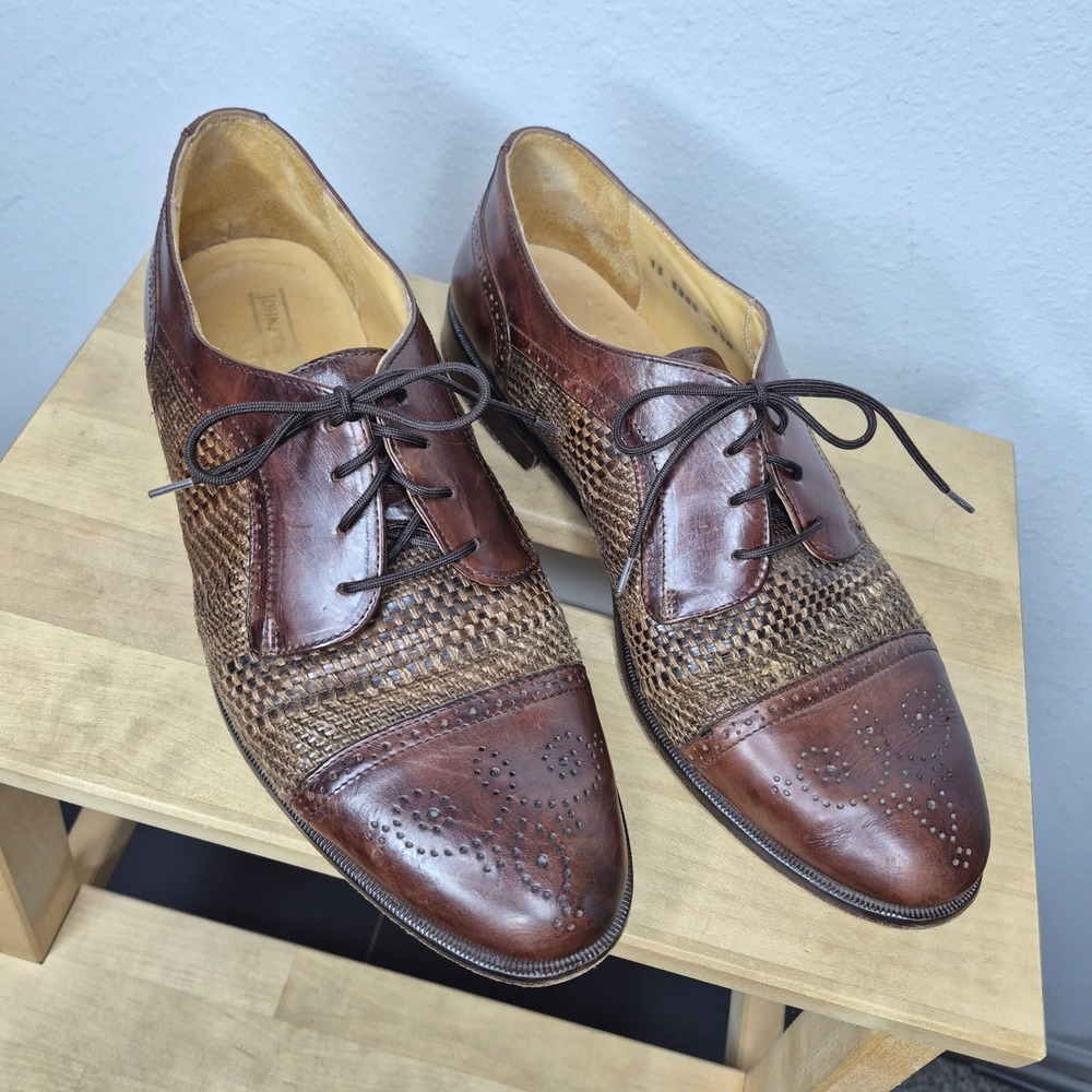 Johnston & Murphy Cellini Vintage 90s Leather Woven Rattan Cap Toe Oxfords 8.5M